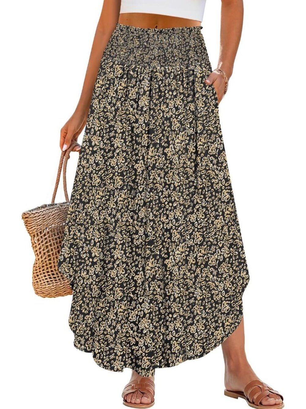 Women's Black/Gold Boho Floral High Waisted Smocked Flowy Pocket Maxi Skirt